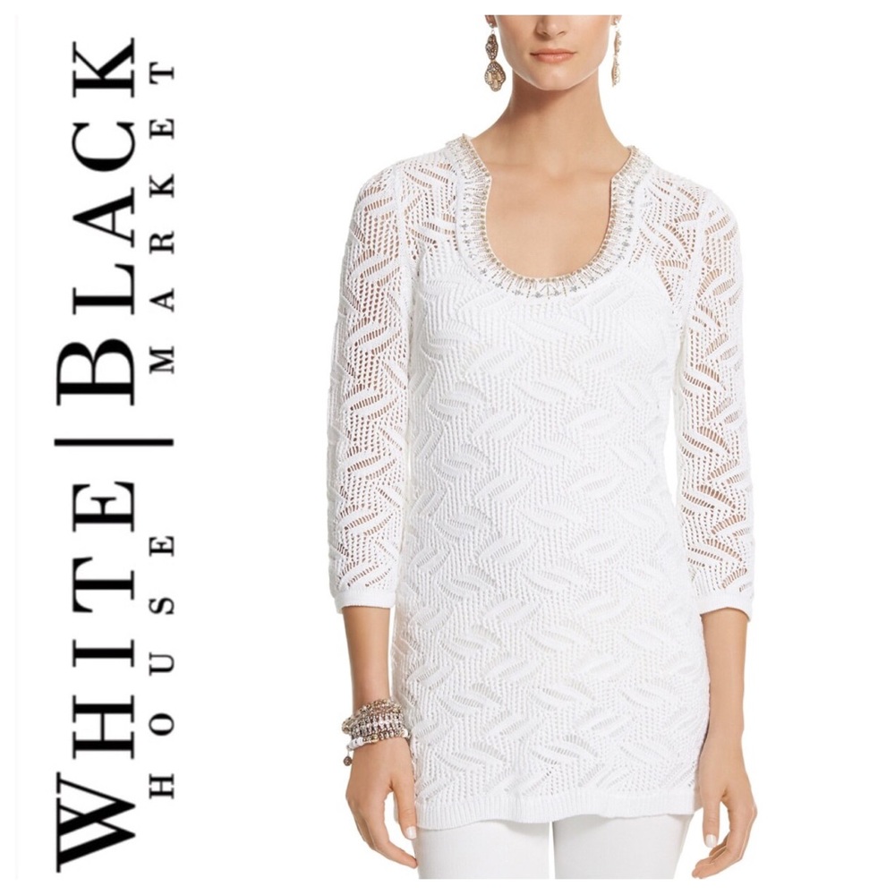WHITE HOUSE BLACK MARKET EMBELLISHED NOVELTY WHITE SWEATER SIZE MEDIUM